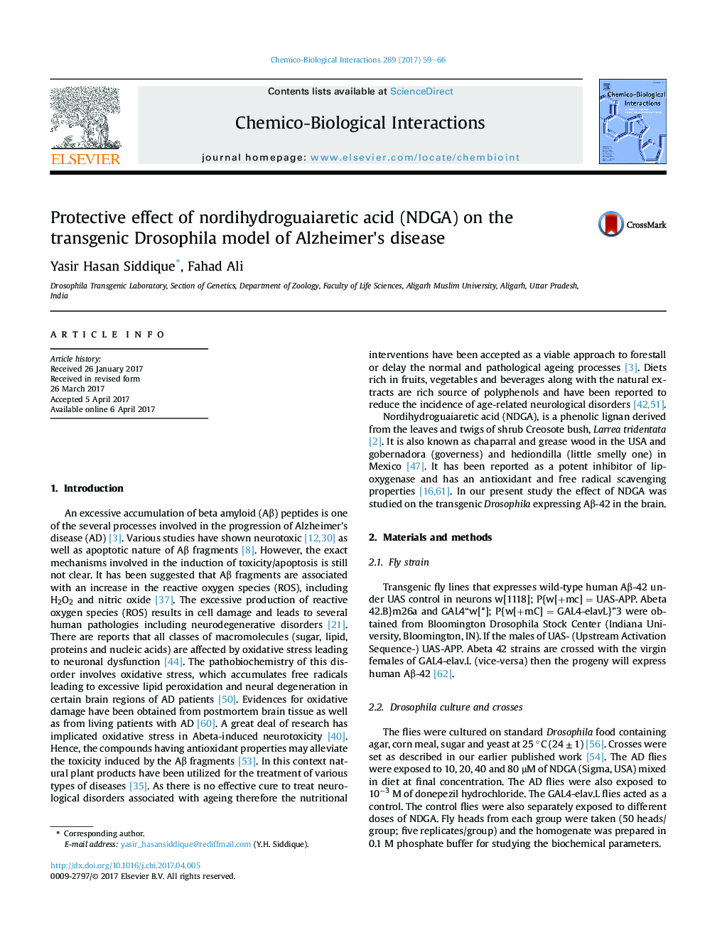 Protective effect of nordihydroguaiaretic acid (NDGA) on the transgenic Drosophila model of Alzheimer's disease