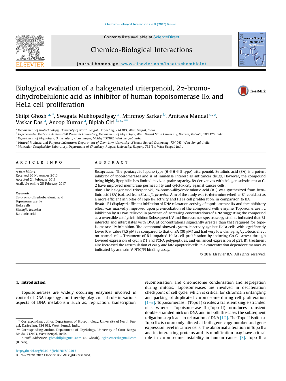 Biological evaluation of a halogenated triterpenoid, 2Î±-bromo-dihydrobelulonic acid as inhibitor of human topoisomerase IIÎ± and HeLa cell proliferation