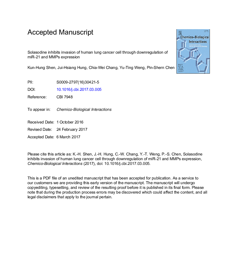 Solasodine inhibits invasion of human lung cancer cell through downregulation of miR-21 and MMPs expression