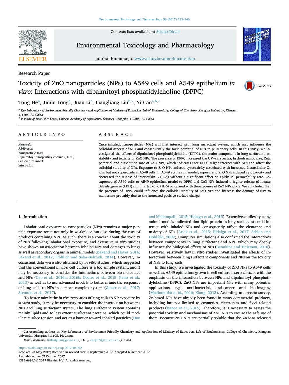 Toxicity of ZnO nanoparticles (NPs) to A549 cells and A549 epithelium in vitro: Interactions with dipalmitoyl phosphatidylcholine (DPPC)