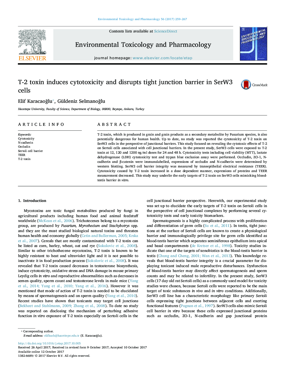 T-2 toxin induces cytotoxicity and disrupts tight junction barrier in SerW3 cells