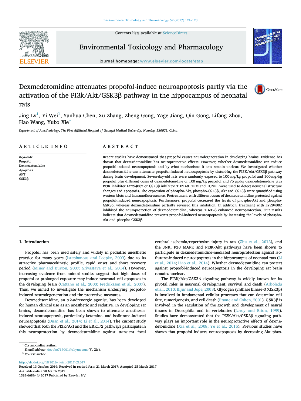 Dexmedetomidine attenuates propofol-induce neuroapoptosis partly via the activation of the PI3k/Akt/GSK3Î² pathway in the hippocampus of neonatal rats