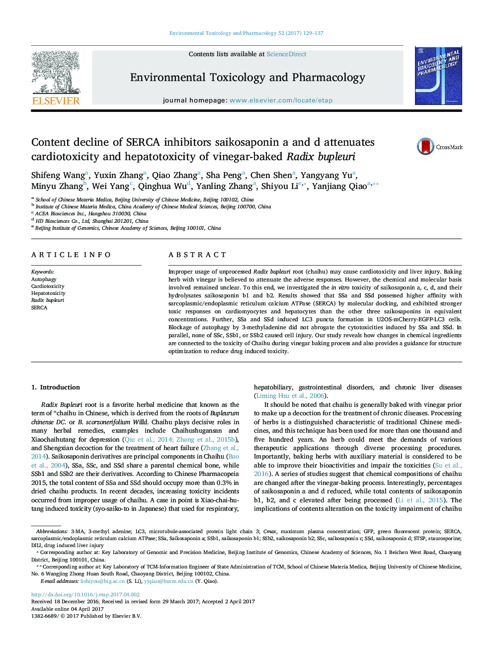 Content decline of SERCA inhibitors saikosaponin a and d attenuates cardiotoxicity and hepatotoxicity of vinegar-baked Radix bupleuri