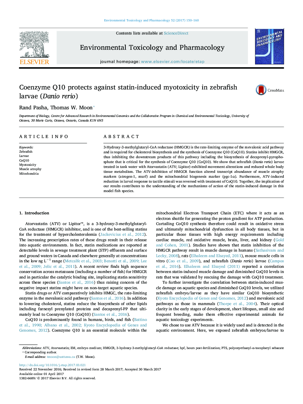 Coenzyme Q10 protects against statin-induced myotoxicity in zebrafish larvae (Danio rerio)