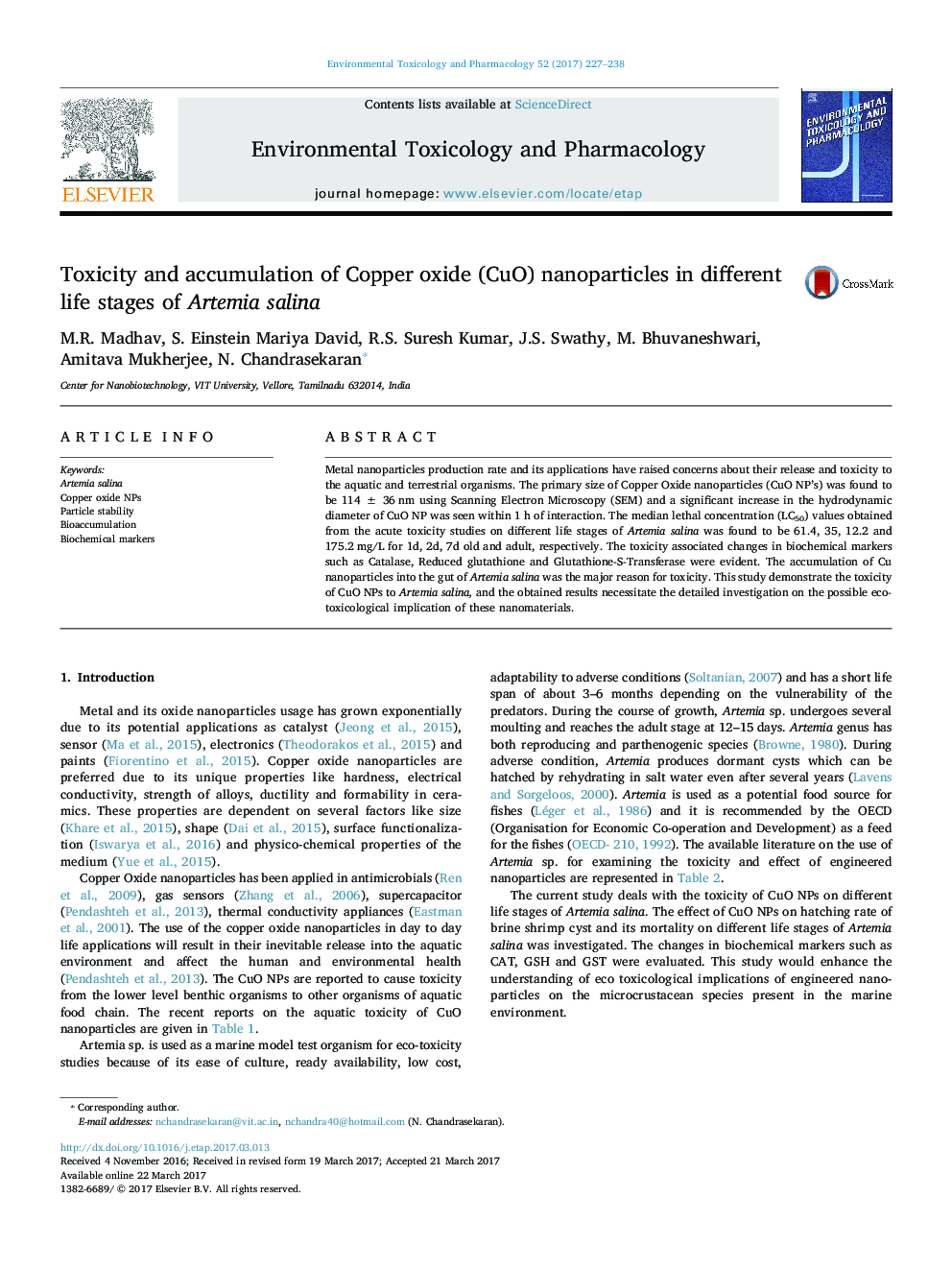 Toxicity and accumulation of Copper oxide (CuO) nanoparticles in different life stages of Artemia salina