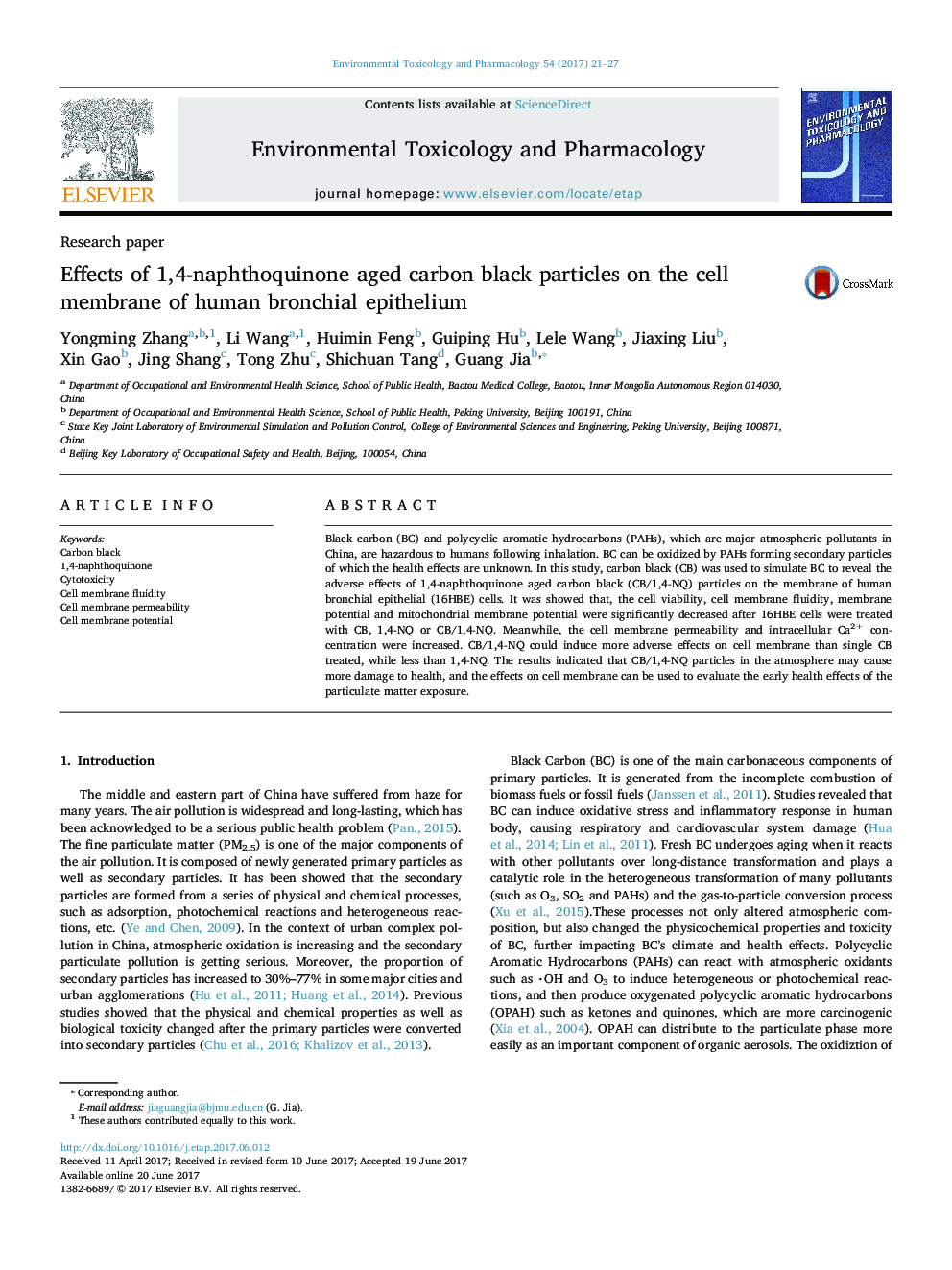 Effects of 1,4-naphthoquinone aged carbon black particles on the cell membrane of human bronchial epithelium