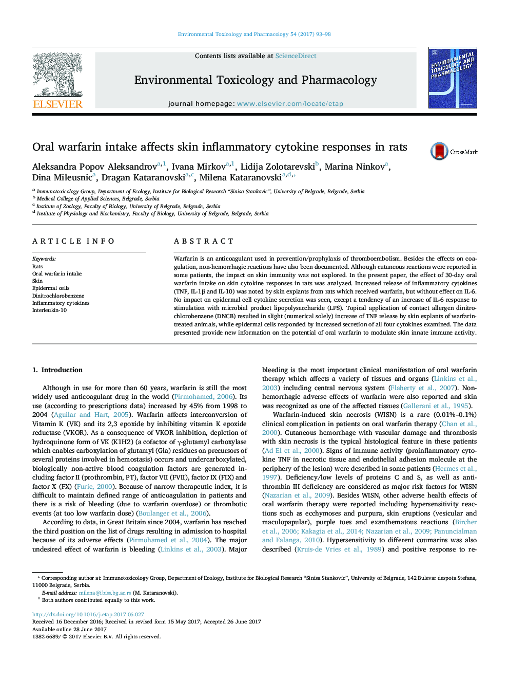 Oral warfarin intake affects skin inflammatory cytokine responses in rats