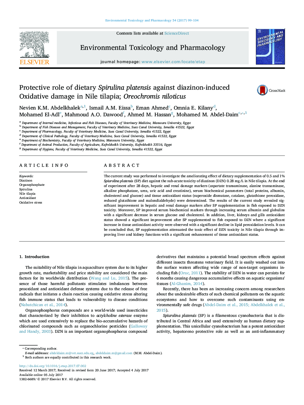 Protective role of dietary Spirulina platensis against diazinon-induced Oxidative damage in Nile tilapia; Oreochromis niloticus