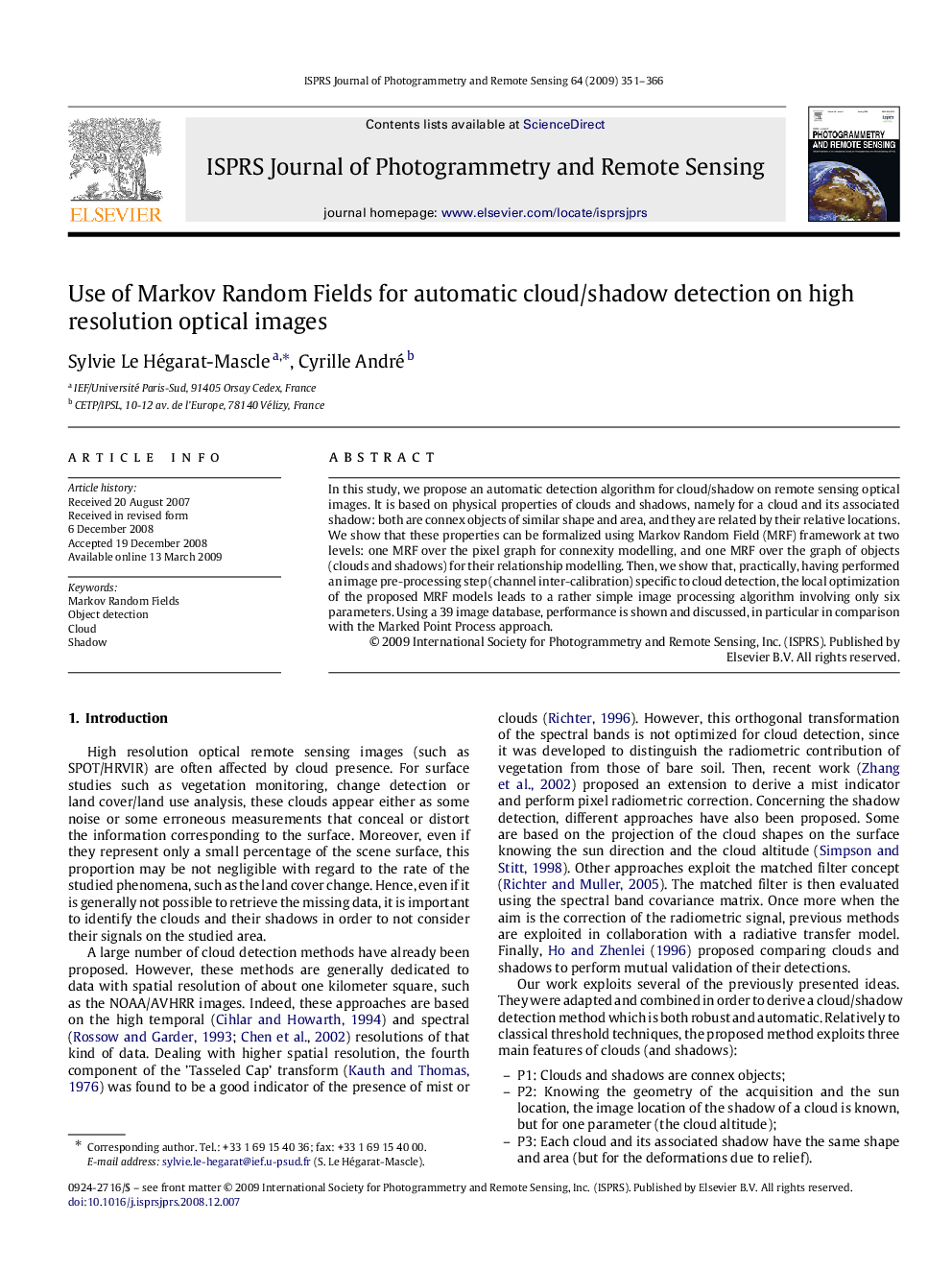 Use of Markov Random Fields for automatic cloud/shadow detection on high resolution optical images