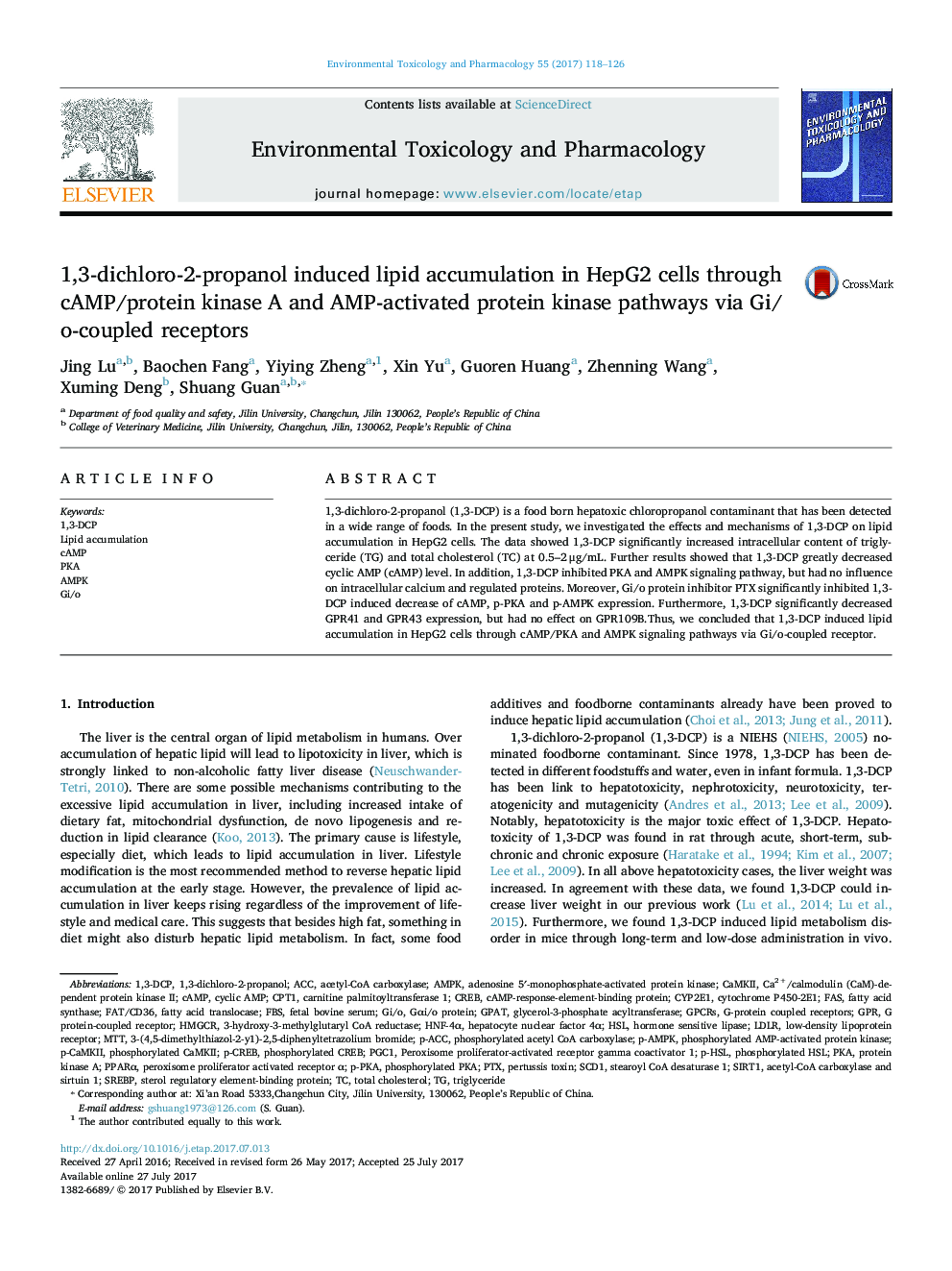 1,3-dichloro-2-propanol induced lipid accumulation in HepG2 cells through cAMP/protein kinase A and AMP-activated protein kinase pathways via Gi/o-coupled receptors