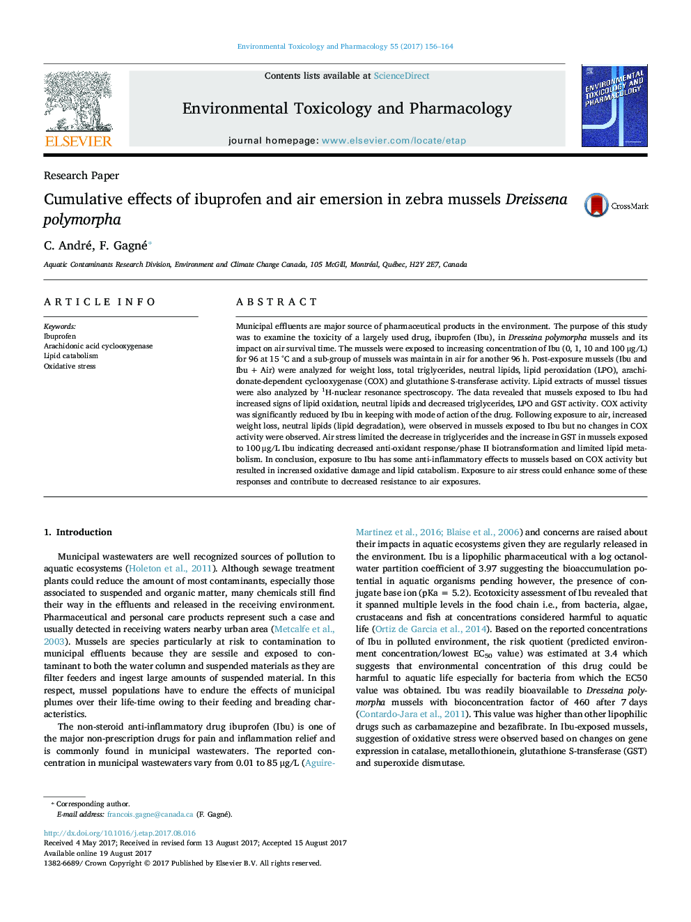 Cumulative effects of ibuprofen and air emersion in zebra mussels Dreissena polymorpha