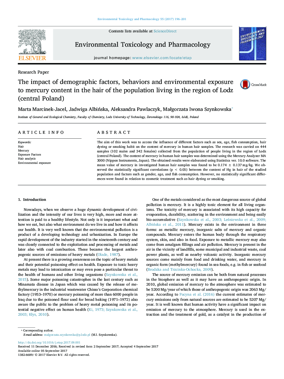 The impact of demographic factors, behaviors and environmental exposure to mercury content in the hair of the population living in the region of Lodz (central Poland)