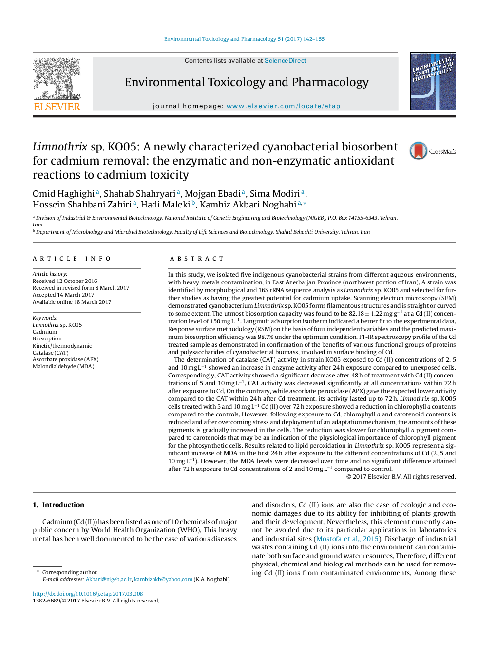 Limnothrix sp. KO05: A newly characterized cyanobacterial biosorbent for cadmium removal: the enzymatic and non-enzymatic antioxidant reactions to cadmium toxicity