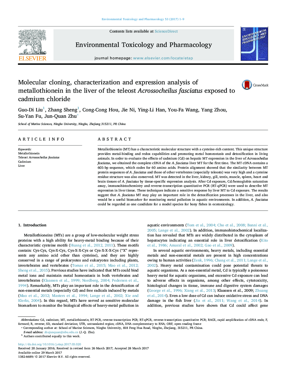 Molecular cloning, characterization and expression analysis of metallothionein in the liver of the teleost Acrossocheilus fasciatus exposed to cadmium chloride