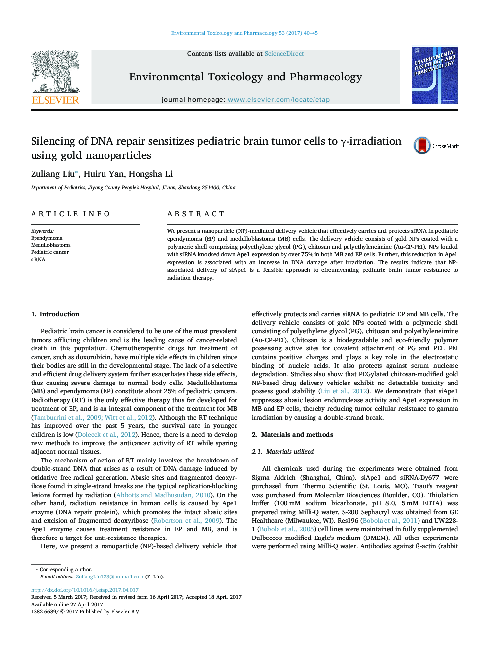 عکس صفحه اول مقاله: Silencing of DNA repair sensitizes pediatric brain tumor cells to γ-irradiation using gold nanoparticles Silencing of DNA repair sensitizes pediatric brain tumor cells to γ-irradiation using gold nanoparticles