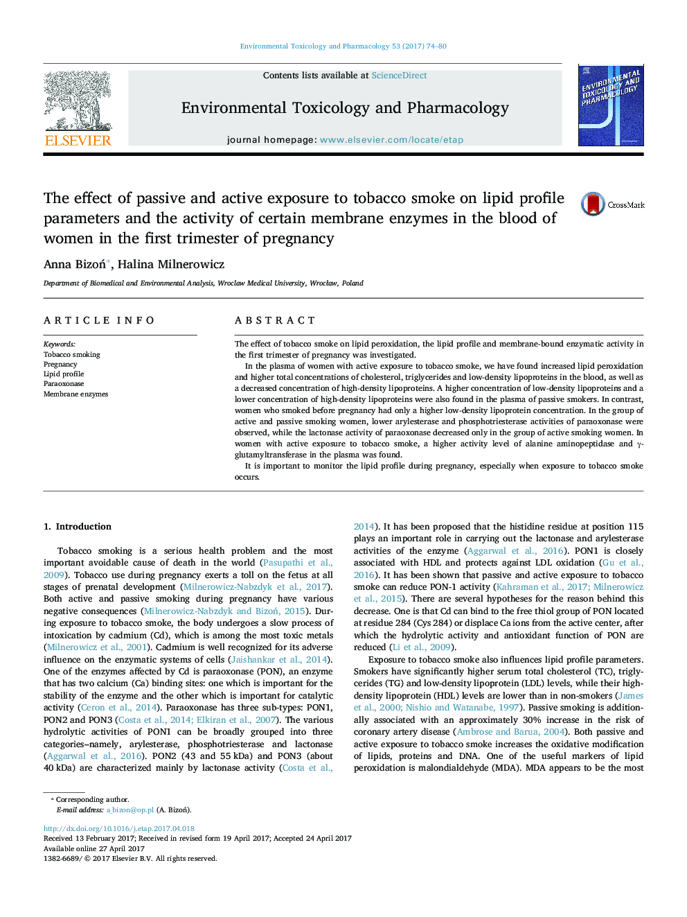 The effect of passive and active exposure to tobacco smoke on lipid profile parameters and the activity of certain membrane enzymes in the blood of women in the first trimester of pregnancy