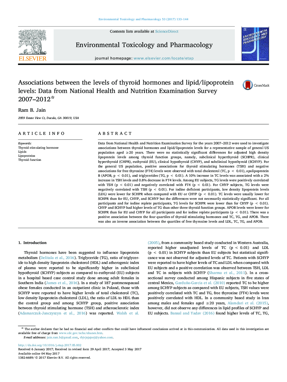 Associations between the levels of thyroid hormones and lipid/lipoprotein levels: Data from National Health and Nutrition Examination Survey 2007-2012