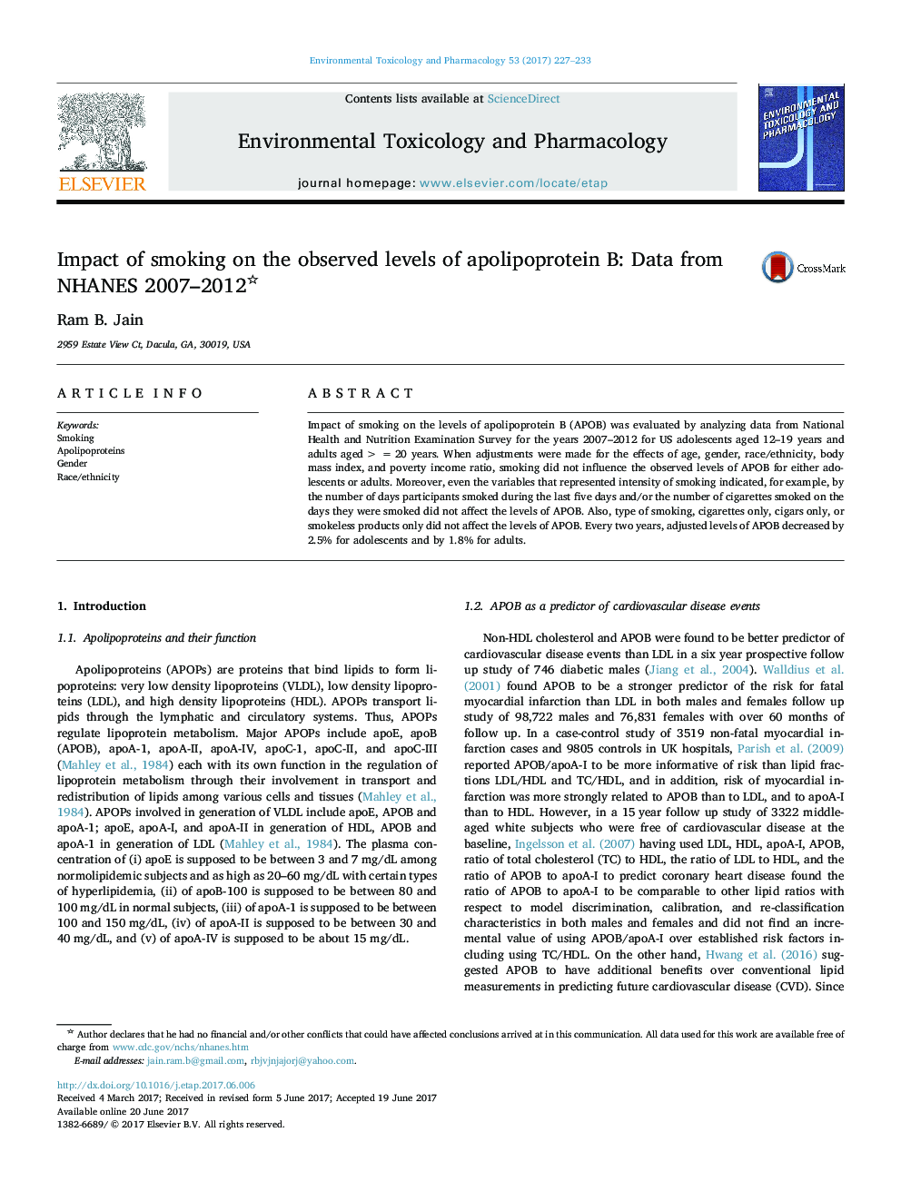 Impact of smoking on the observed levels of apolipoprotein B: Data from NHANES 2007-2012