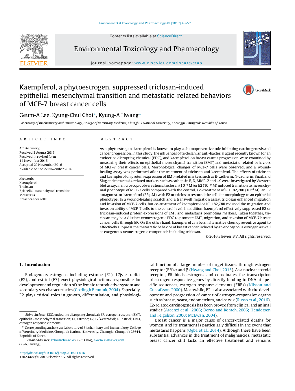 Kaempferol, a phytoestrogen, suppressed triclosan-induced epithelial-mesenchymal transition and metastatic-related behaviors of MCF-7 breast cancer cells