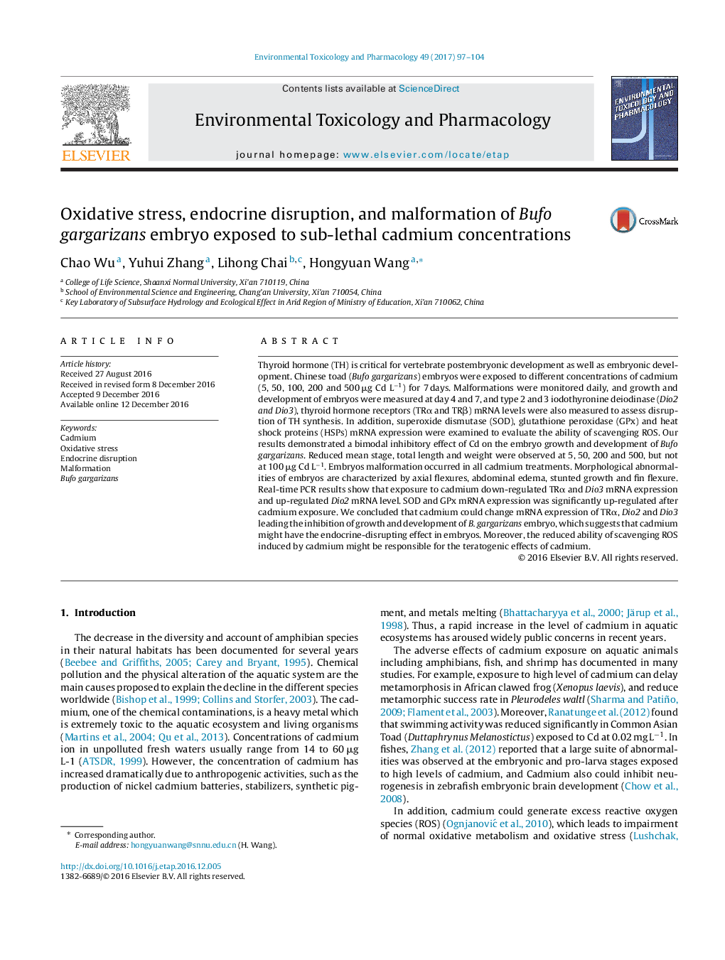 Oxidative stress, endocrine disruption, and malformation of Bufo gargarizans embryo exposed to sub-lethal cadmium concentrations