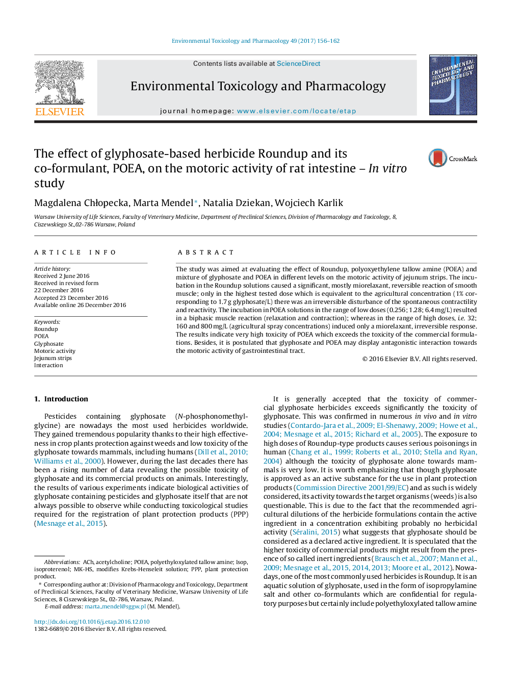 The effect of glyphosate-based herbicide Roundup and its co-formulant, POEA, on the motoric activity of rat intestine - In vitro study