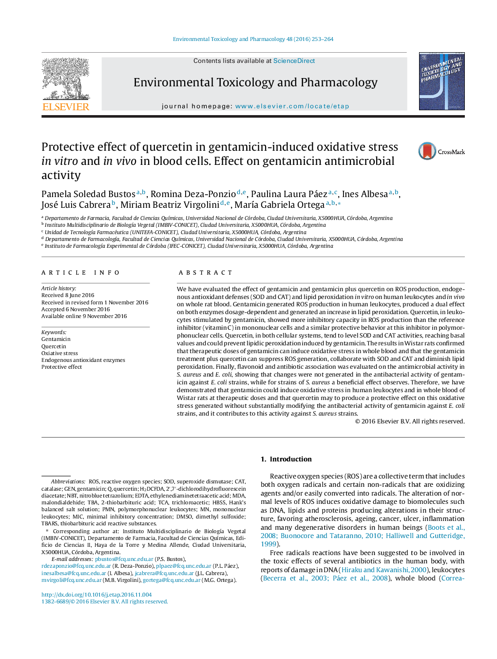 Protective effect of quercetin in gentamicin-induced oxidative stress in vitro and in vivo in blood cells. Effect on gentamicin antimicrobial activity