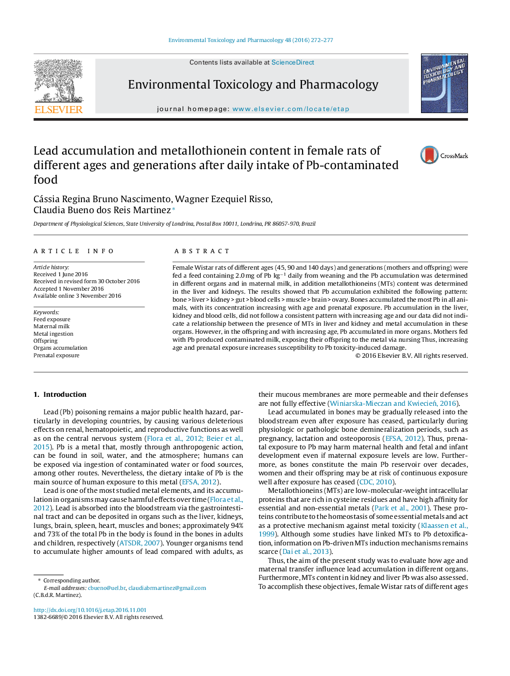 Lead accumulation and metallothionein content in female rats of different ages and generations after daily intake of Pb-contaminated food