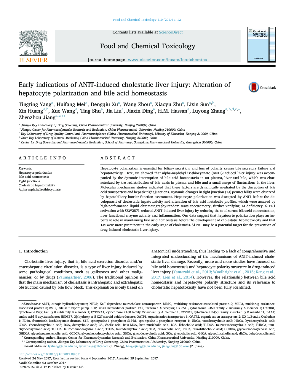 Early indications of ANIT-induced cholestatic liver injury: Alteration of hepatocyte polarization and bile acid homeostasis