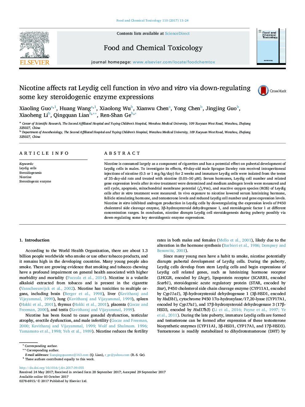 Nicotine affects rat Leydig cell function in vivo and vitro via down-regulating some key steroidogenic enzyme expressions