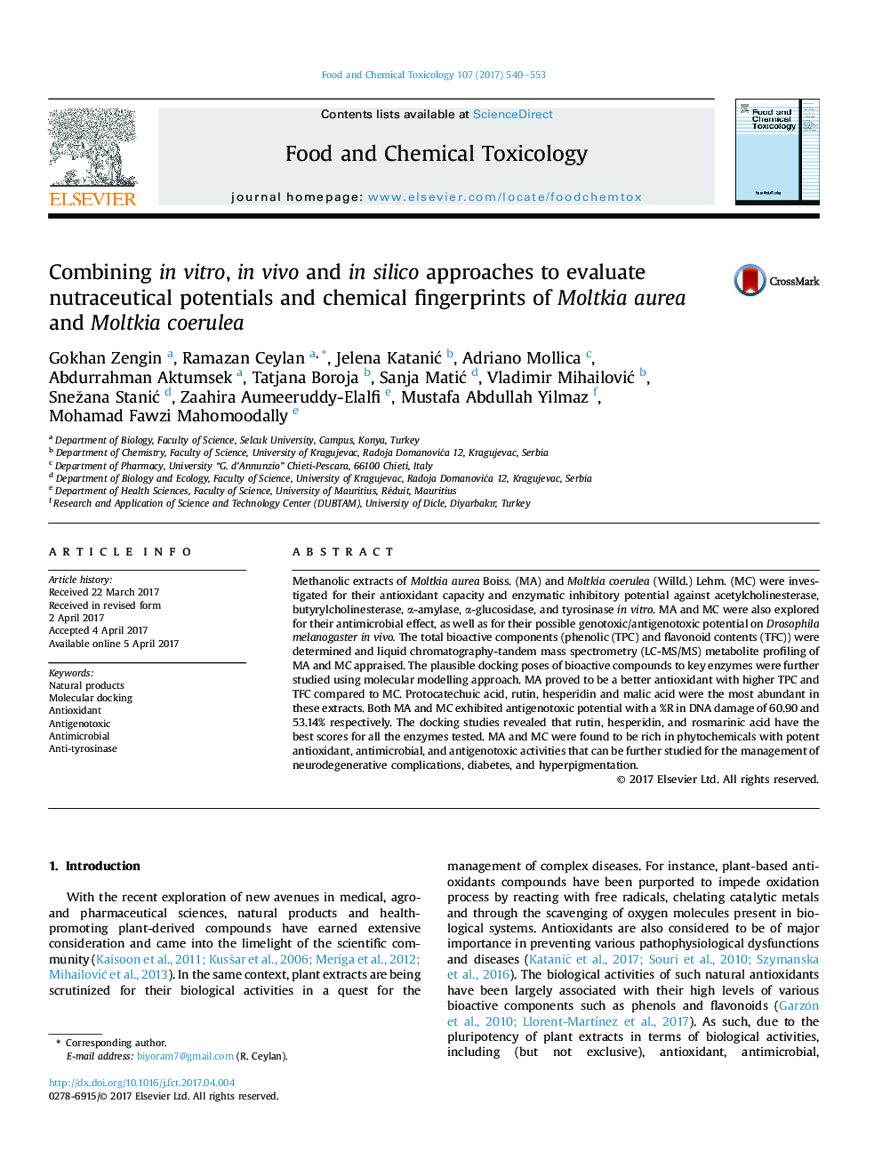 Combining inÂ vitro, inÂ vivo and in silico approaches to evaluate nutraceutical potentials and chemical fingerprints of Moltkia aurea and Moltkia coerulea