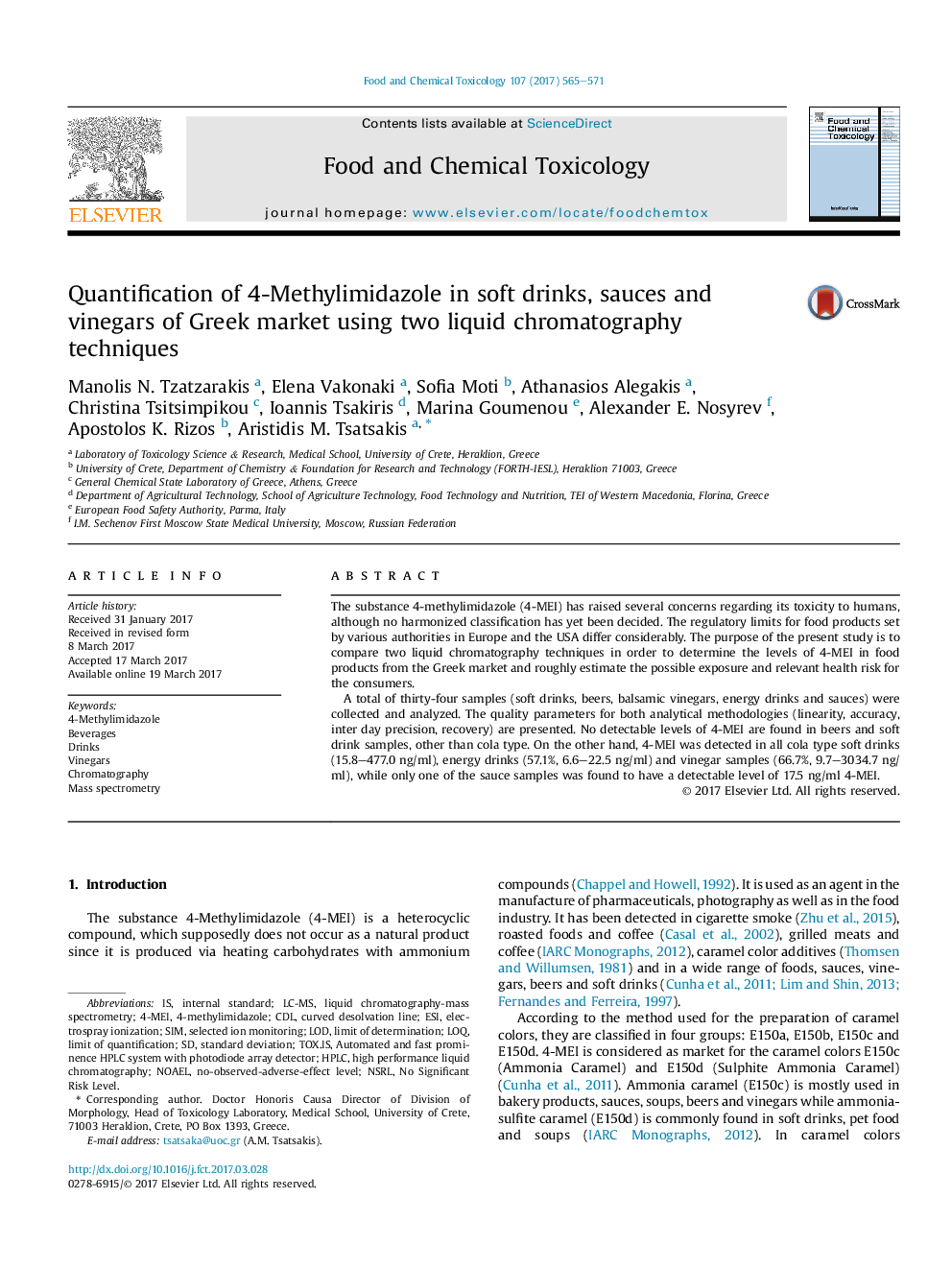 Quantification of 4-Methylimidazole in soft drinks, sauces and vinegars of Greek market using two liquid chromatography techniques