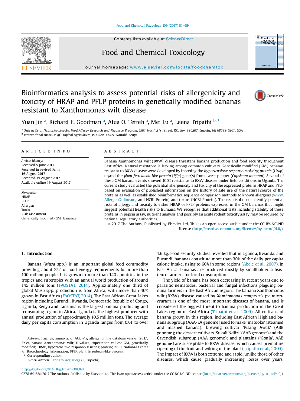 Bioinformatics analysis to assess potential risks of allergenicity and toxicity of HRAP and PFLP proteins in genetically modified bananas resistant to Xanthomonas wilt disease