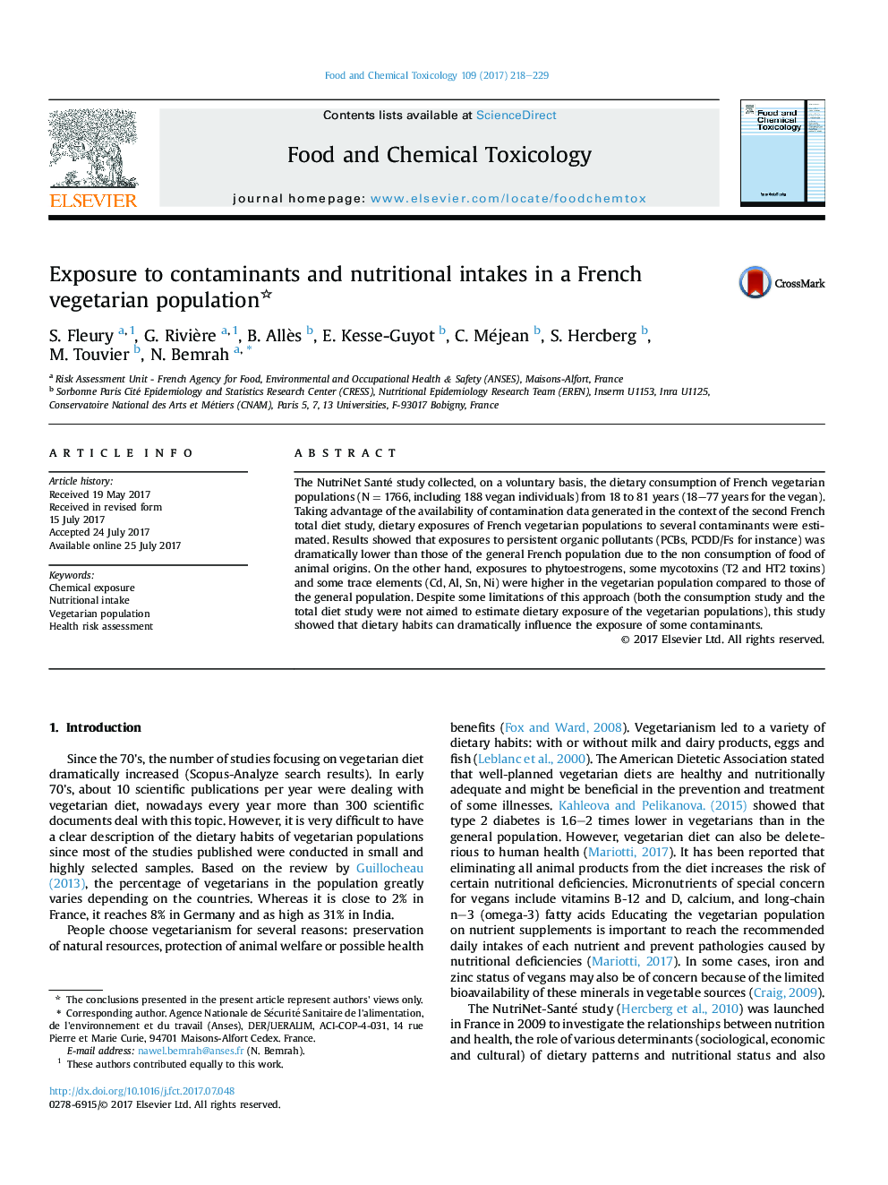 Exposure to contaminants and nutritional intakes in a French vegetarian population