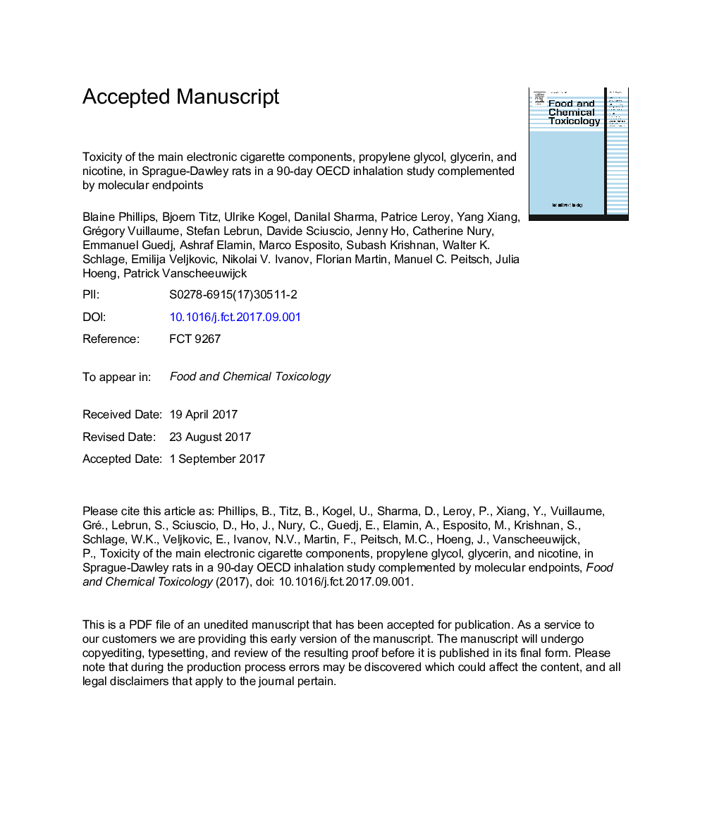 Toxicity of the main electronic cigarette components, propylene glycol, glycerin, and nicotine, in Sprague-Dawley rats in a 90-day OECD inhalation study complemented by molecular endpoints