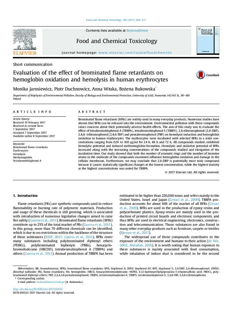 Evaluation of the effect of brominated flame retardants on hemoglobin oxidation and hemolysis in human erythrocytes