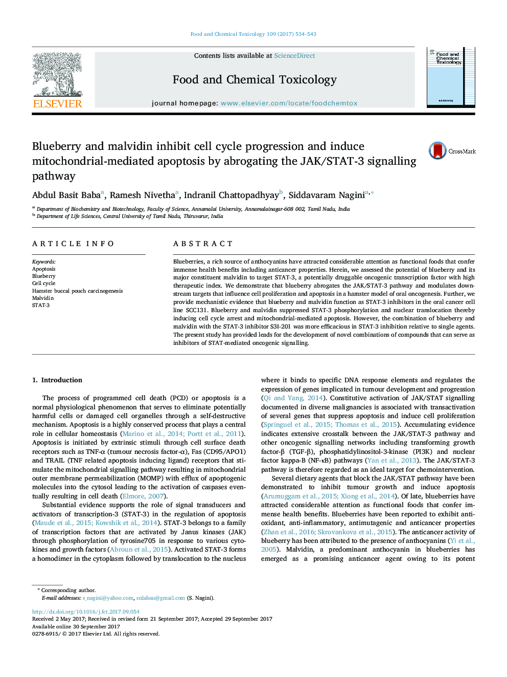 Blueberry and malvidin inhibit cell cycle progression and induce mitochondrial-mediated apoptosis by abrogating the JAK/STAT-3 signalling pathway