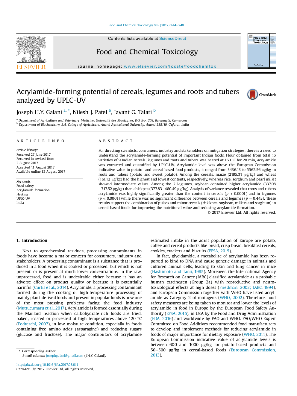 Acrylamide-forming potential of cereals, legumes and roots and tubers analyzed by UPLC-UV