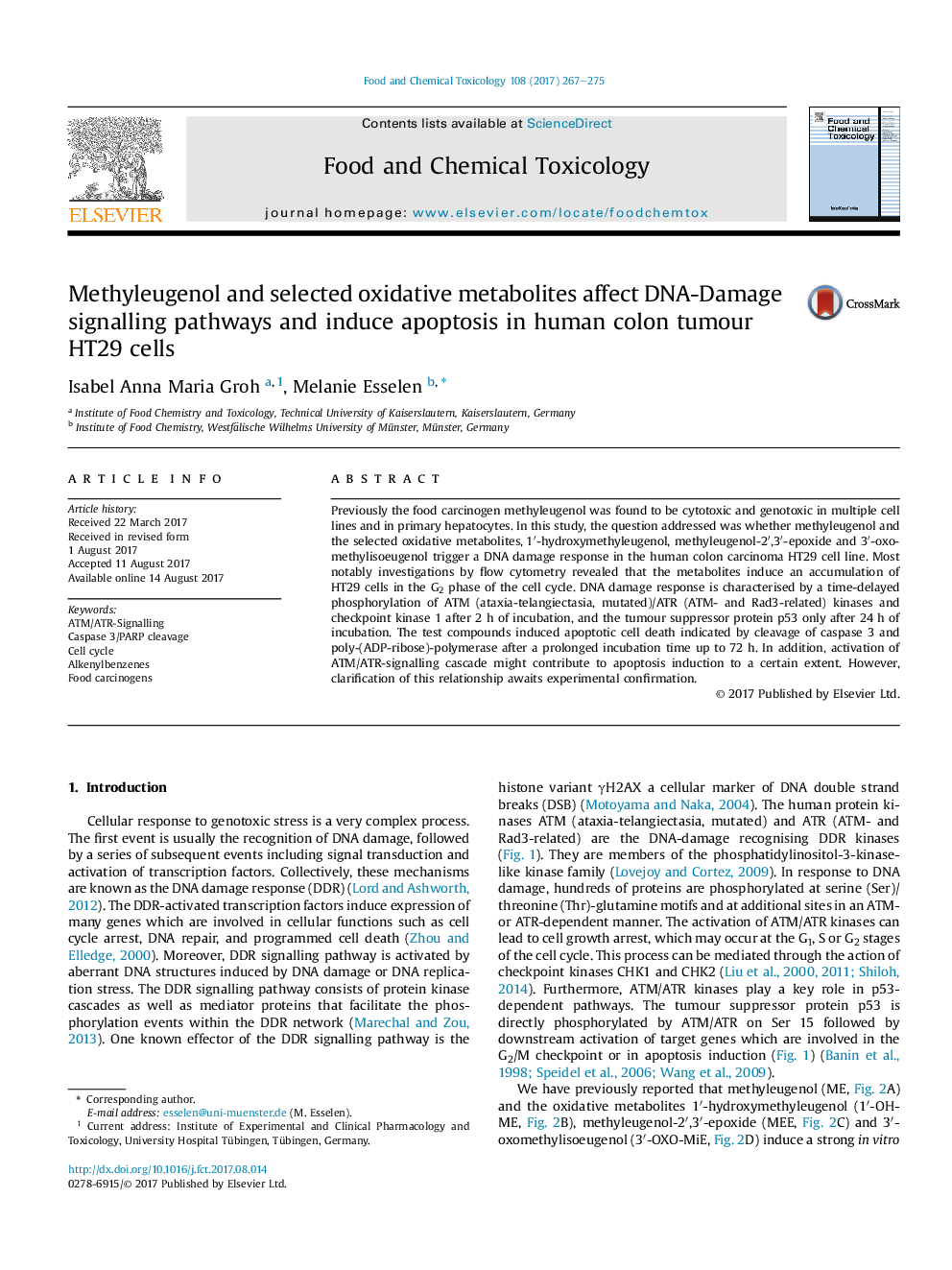 Methyleugenol and selected oxidative metabolites affect DNA-Damage signalling pathways and induce apoptosis in human colon tumour HT29 cells