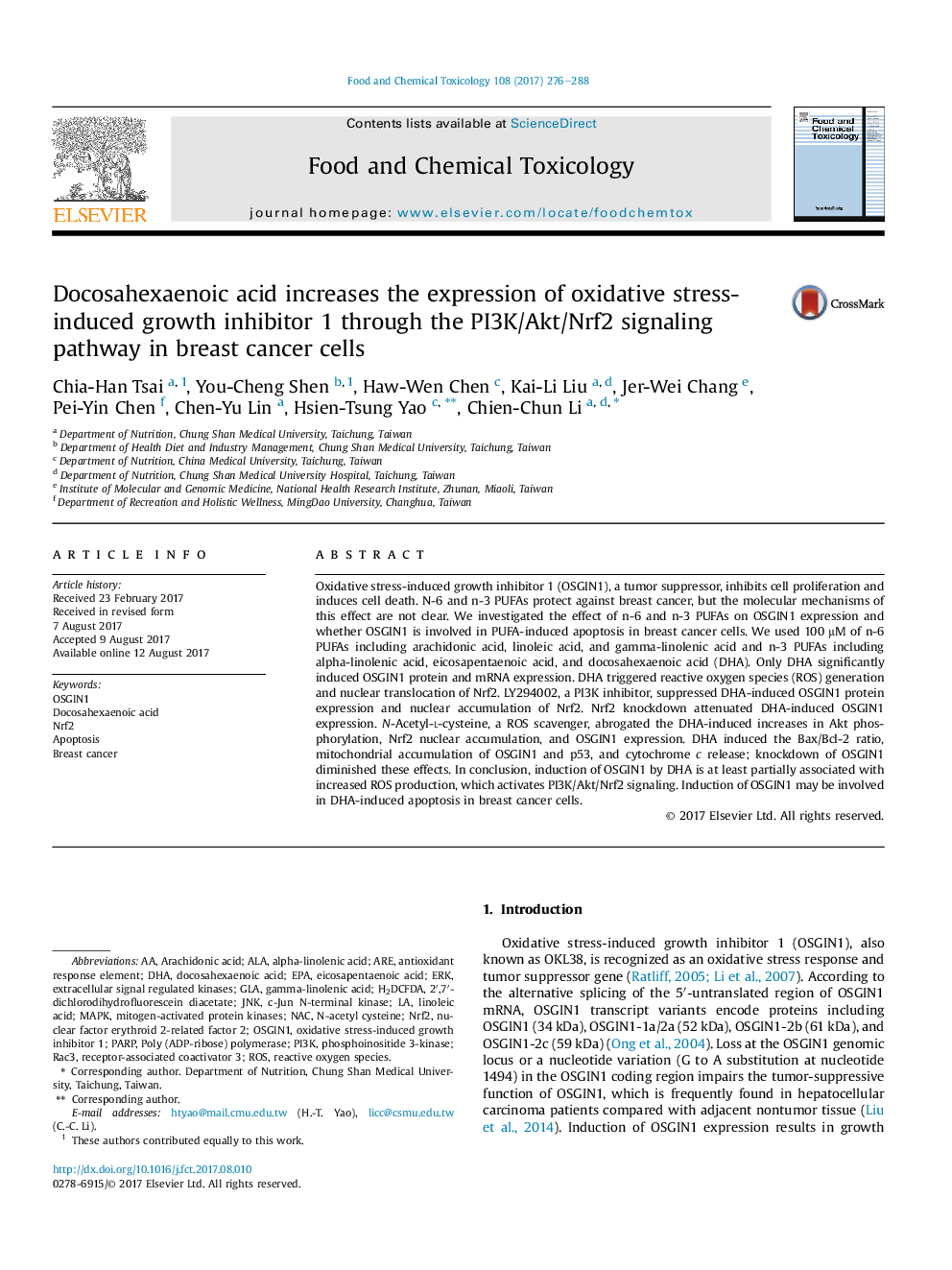 Docosahexaenoic acid increases the expression of oxidative stress-induced growth inhibitor 1 through the PI3K/Akt/Nrf2 signaling pathway in breast cancer cells