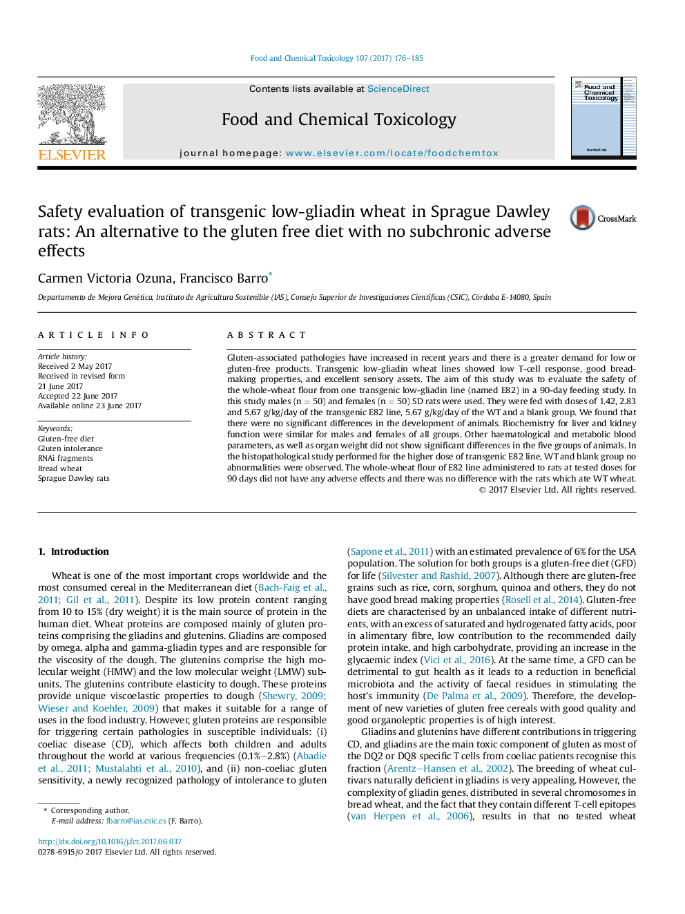 Safety evaluation of transgenic low-gliadin wheat in Sprague Dawley rats: An alternative to the gluten free diet with no subchronic adverse effects