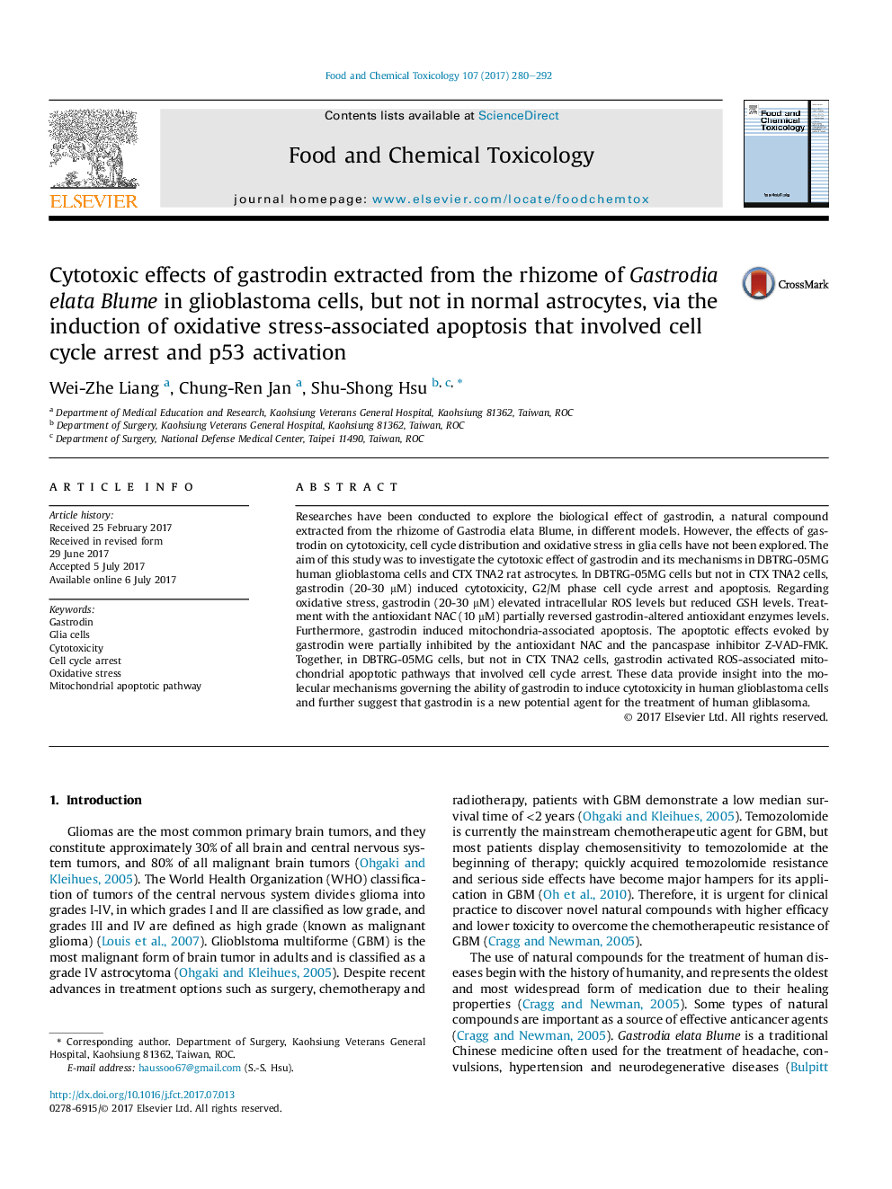 Cytotoxic effects of gastrodin extracted from the rhizome of Gastrodia elata Blume in glioblastoma cells, but not in normal astrocytes, via the induction of oxidative stress-associated apoptosis that involved cell cycle arrest and p53 activation