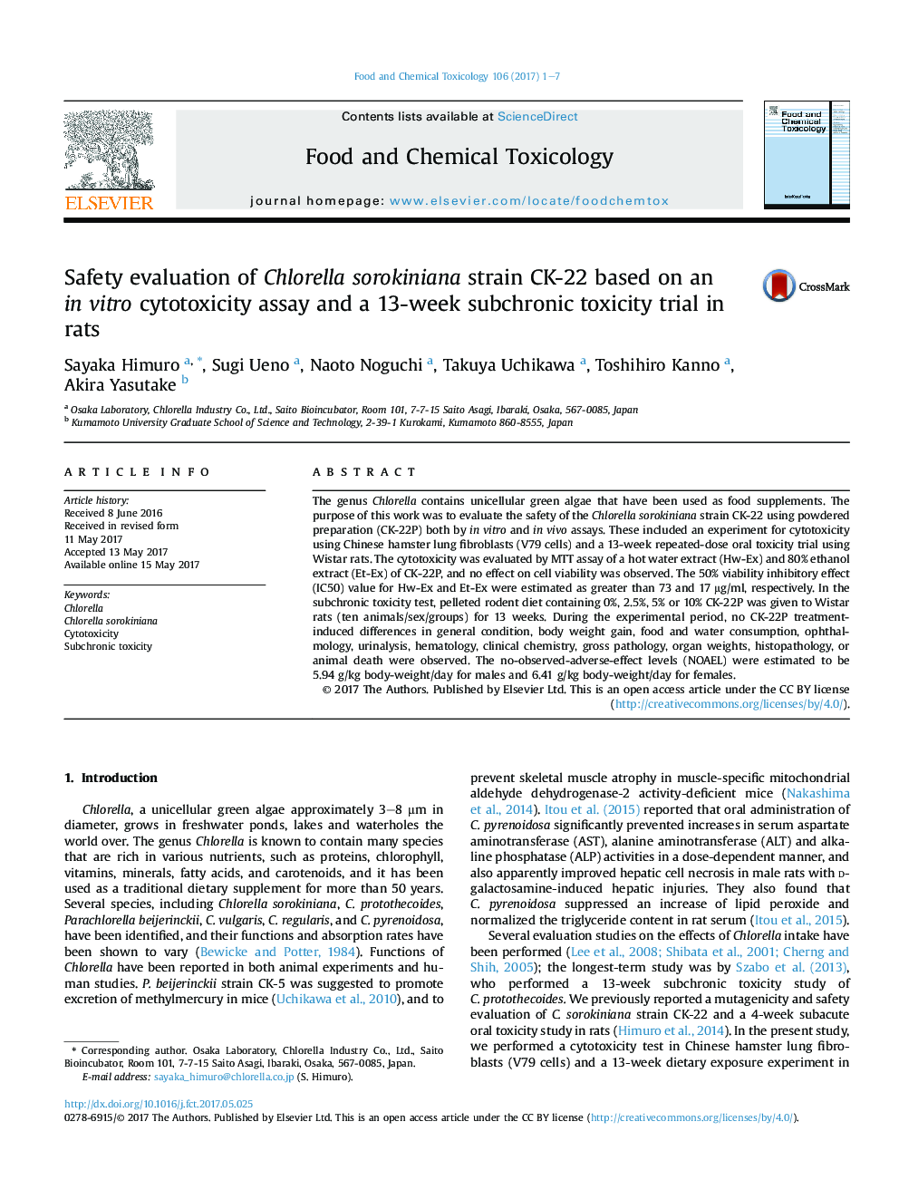 Safety evaluation of Chlorella sorokiniana strain CK-22 based on an inÂ vitro cytotoxicity assay and a 13-week subchronic toxicity trial in rats