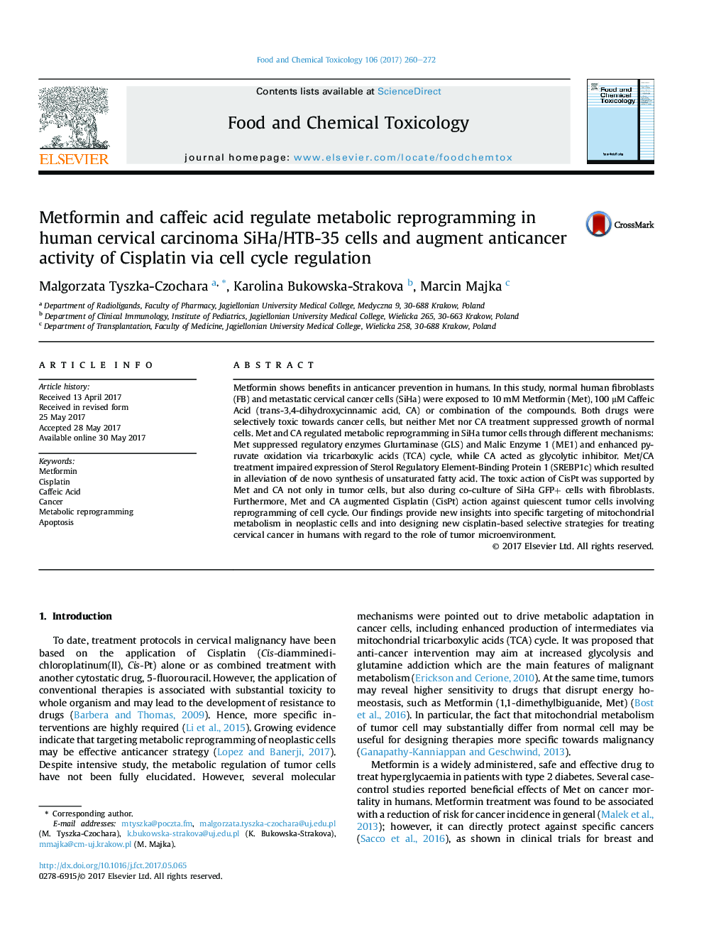 Metformin and caffeic acid regulate metabolic reprogramming in human cervical carcinoma SiHa/HTB-35Â cells and augment anticancer activity of Cisplatin via cell cycle regulation