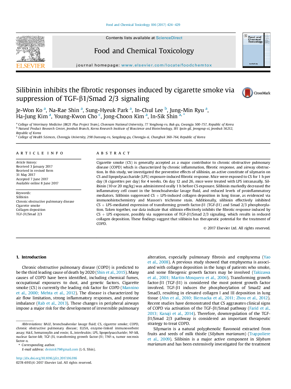 Silibinin inhibits the fibrotic responses induced by cigarette smoke via suppression of TGF-Î²1/Smad 2/3 signaling