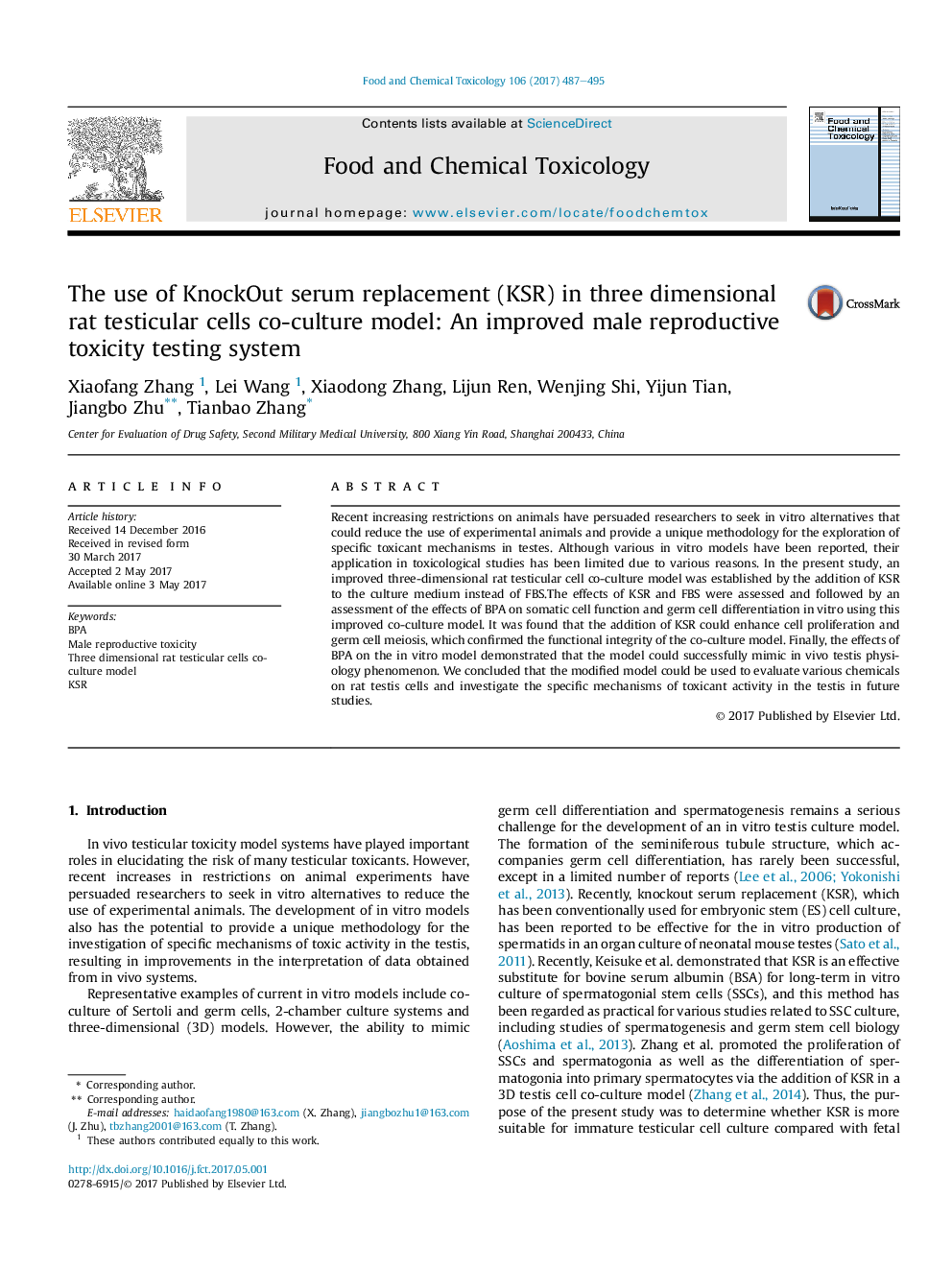 The use of KnockOut serum replacement (KSR) in three dimensional rat testicular cells co-culture model: An improved male reproductive toxicity testing system