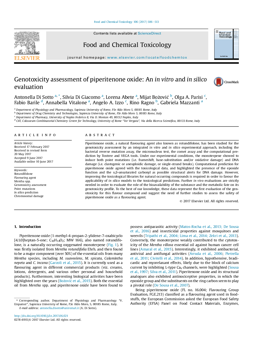 Genotoxicity assessment of piperitenone oxide: An inÂ vitro and in silico evaluation