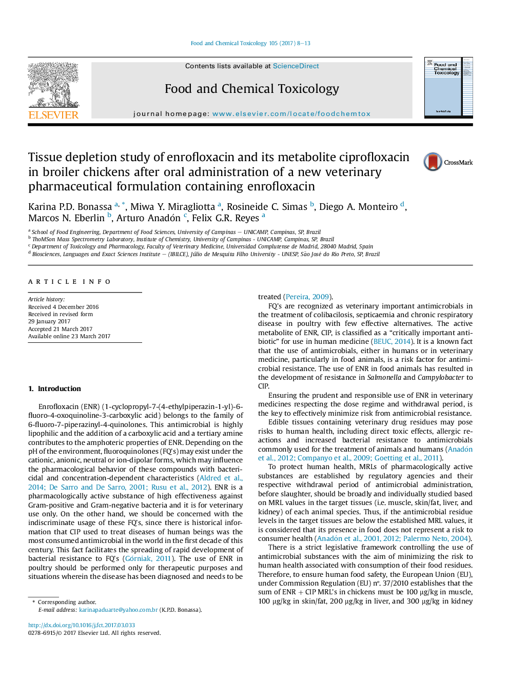 Tissue depletion study of enrofloxacin and its metabolite ciprofloxacin in broiler chickens after oral administration of a new veterinary pharmaceutical formulation containing enrofloxacin