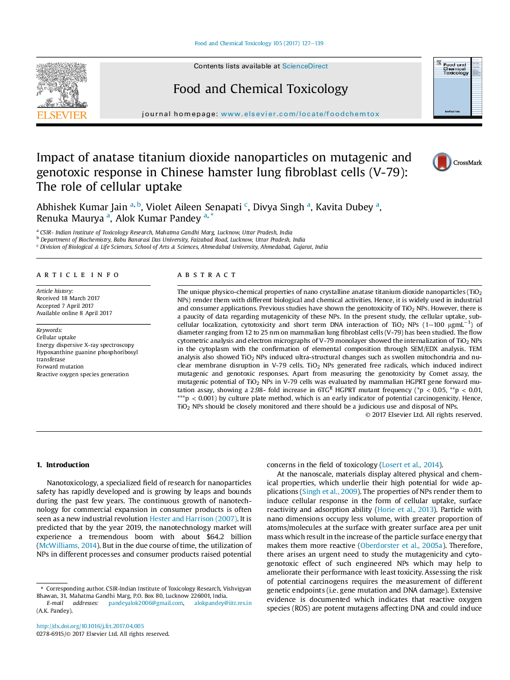 Impact of anatase titanium dioxide nanoparticles on mutagenic and genotoxic response in Chinese hamster lung fibroblast cells (V-79): The role of cellular uptake