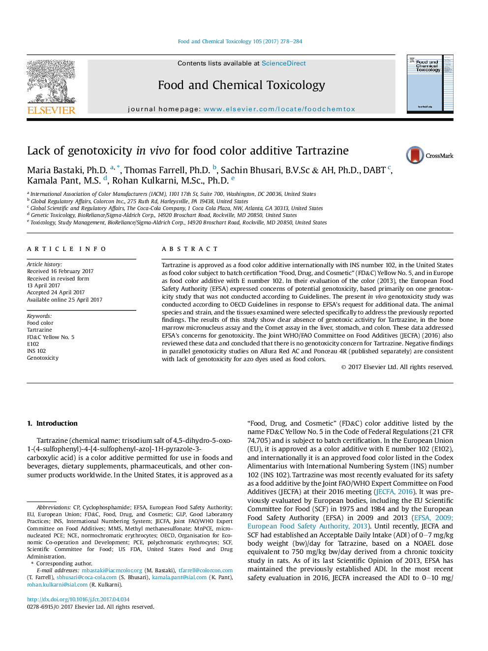 Lack of genotoxicity inÂ vivo for food color additive Tartrazine