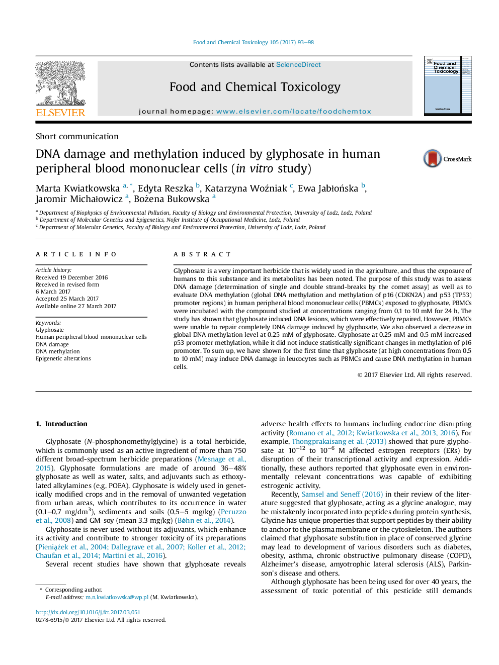 DNA damage and methylation induced by glyphosate in human peripheral blood mononuclear cells (inÂ vitro study)